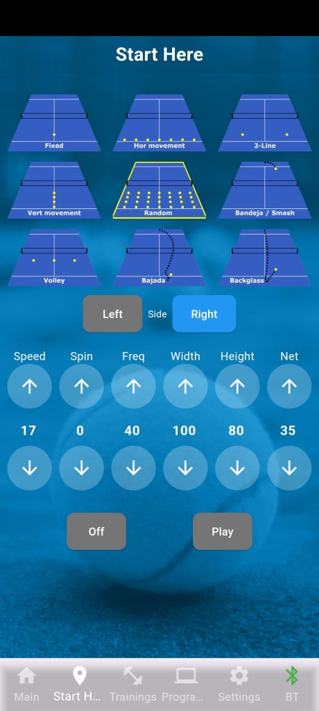 PadelShooter training app session screen on a smartphone