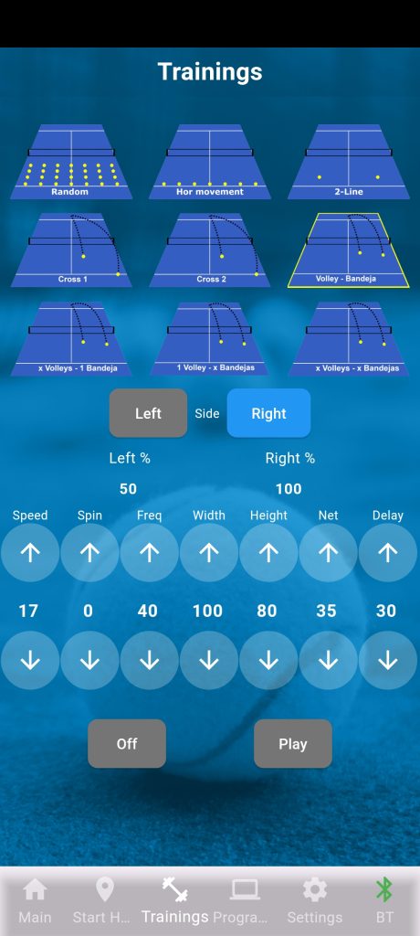 PadelShooter training app shot settings on a smartphone