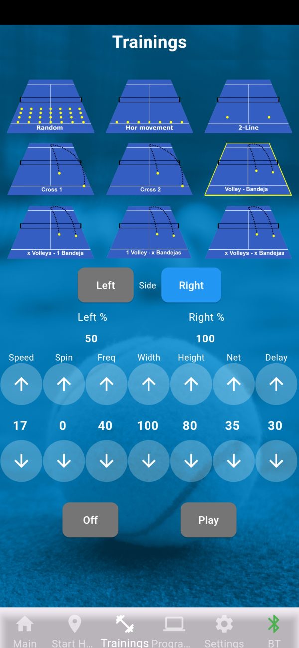 PadelShooter training app shot settings on a smartphone